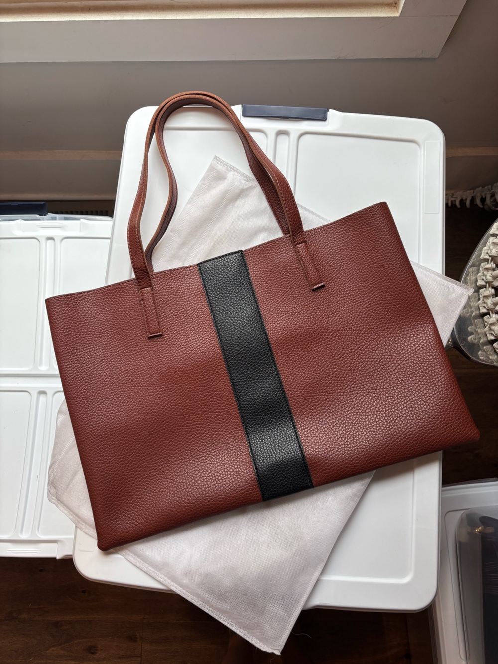 Men's Brown Leather Tote with Black Stripe